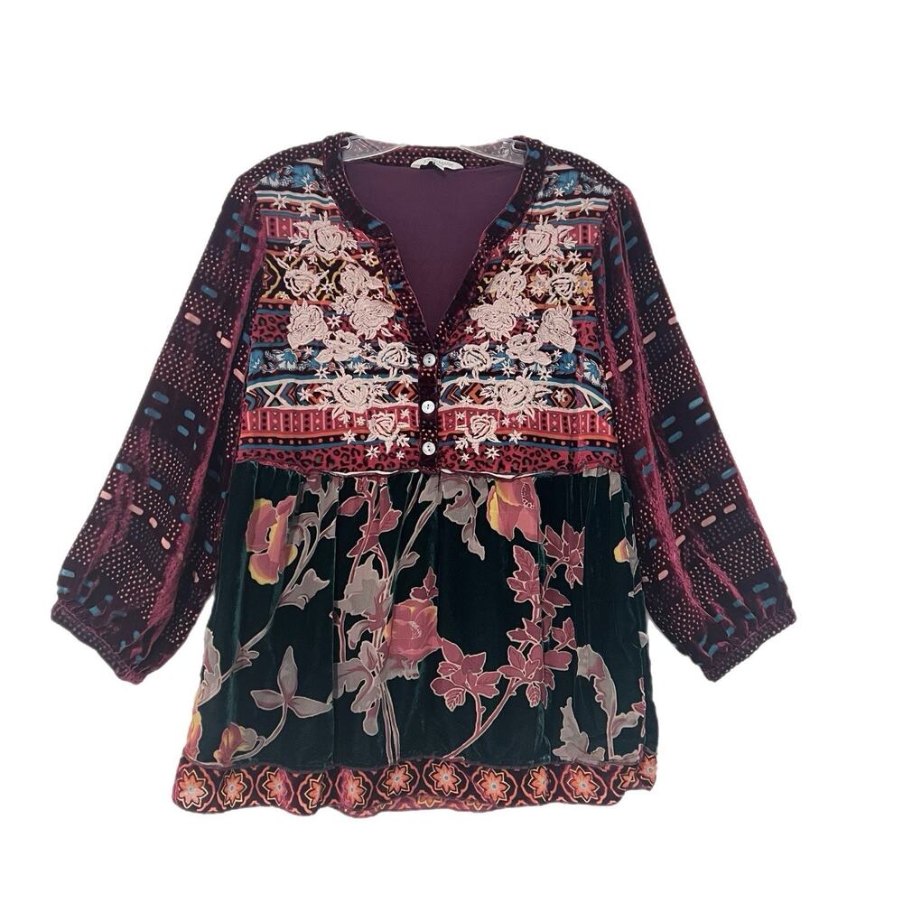 John Mark Velvet Burnout Women S Embroidered Floral Burgundy Tiered Boho Top